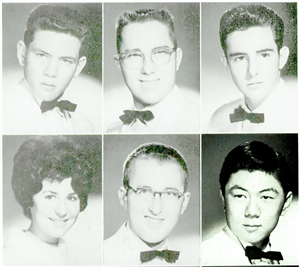 Two rows of yearbook portraits with a photo of a young Japanese American in a bow tie highlighted in the lower right corner. 